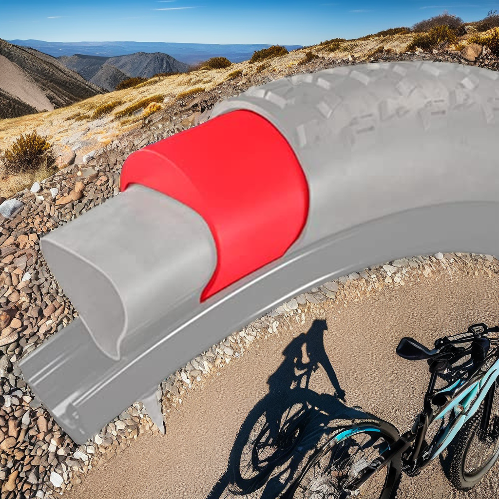 Illustration of a red Tannus Armour insert inside a fat tire on a gravel trail