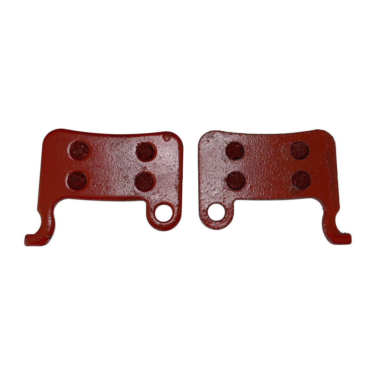Two red hydraulic brake pads
