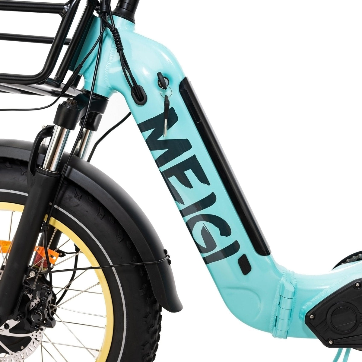 Close-up of the down tube and front wheel of a light blue DWMEIGI Silverado, one of the two trikes this battery fits