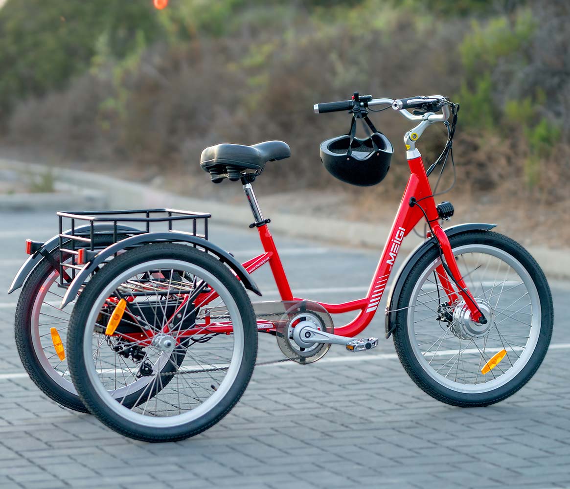Red DWMEIGI MG708 Hera parked on a paved lot, a helmet hanging from the handlebar