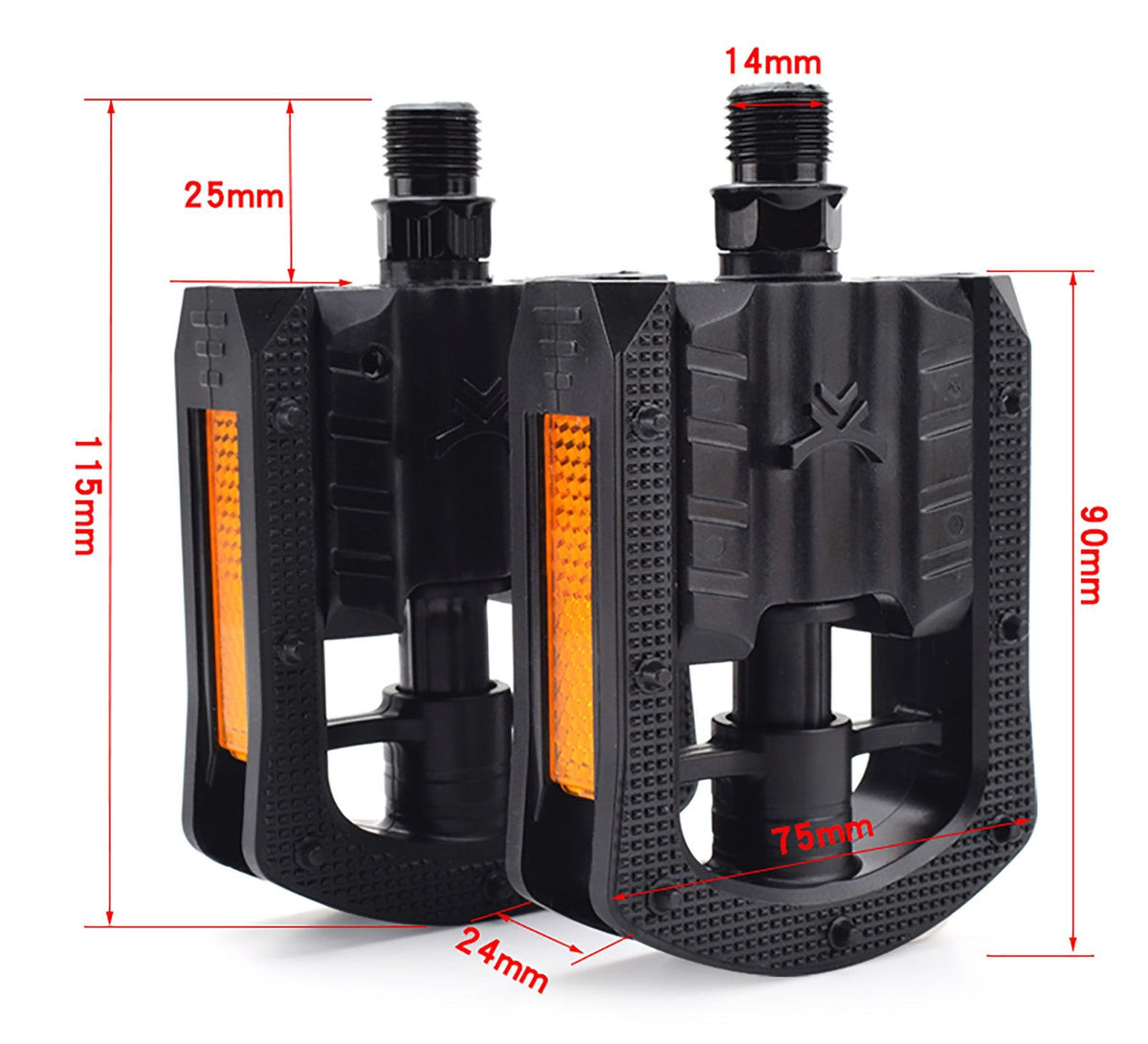 The pedals with their sizes drawn: 115 by 90 mm, 14 mm axle