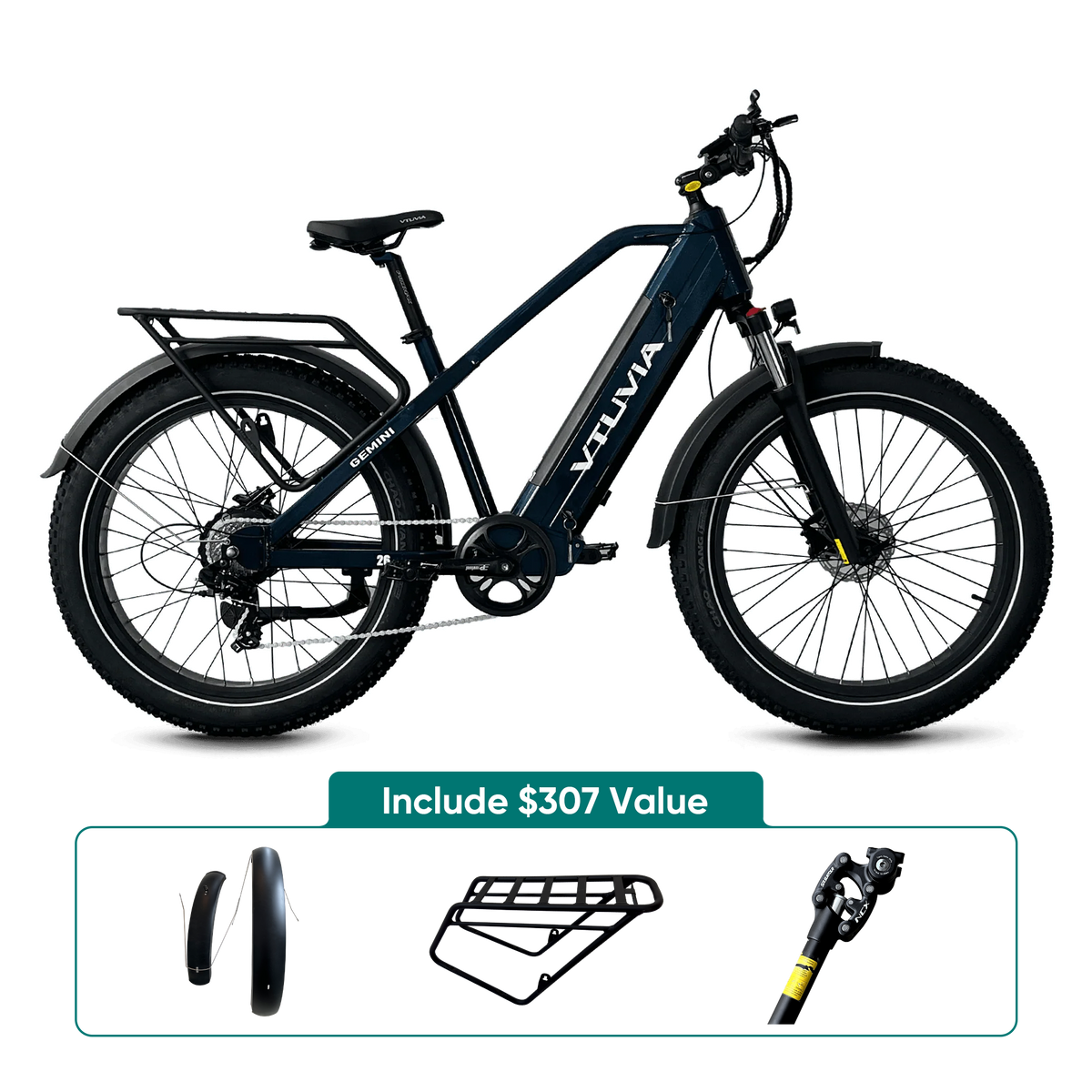 Dark blue Gemini with the fenders, rear rack and suspension seatpost VTUVIA packs with it