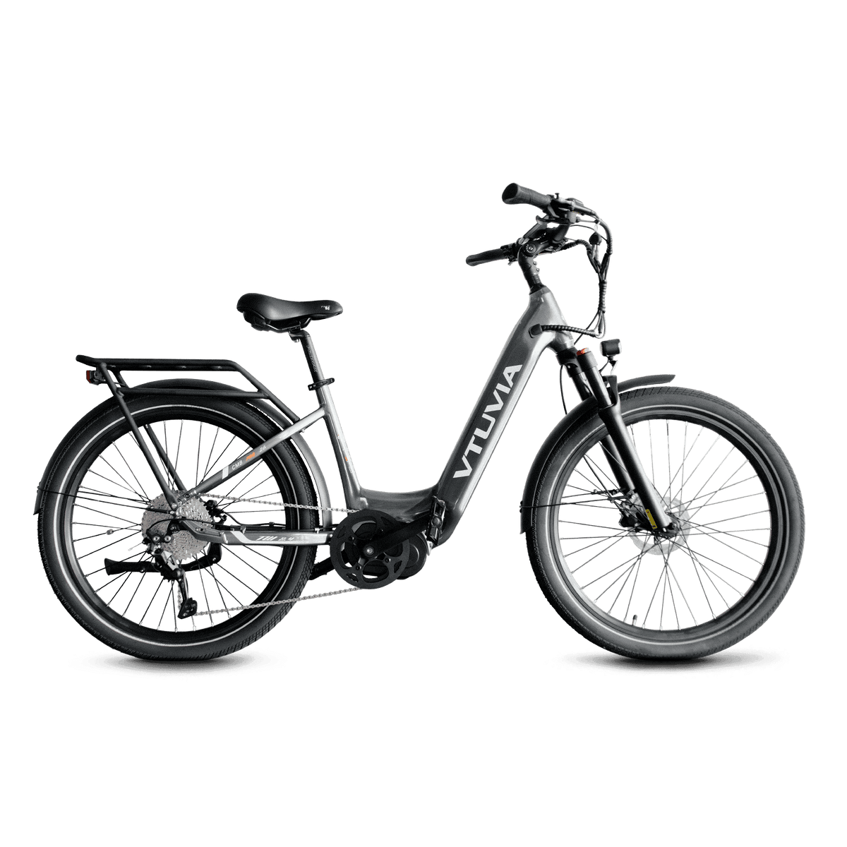 Silver VTUVIA CMB mid-drive step-through, side view