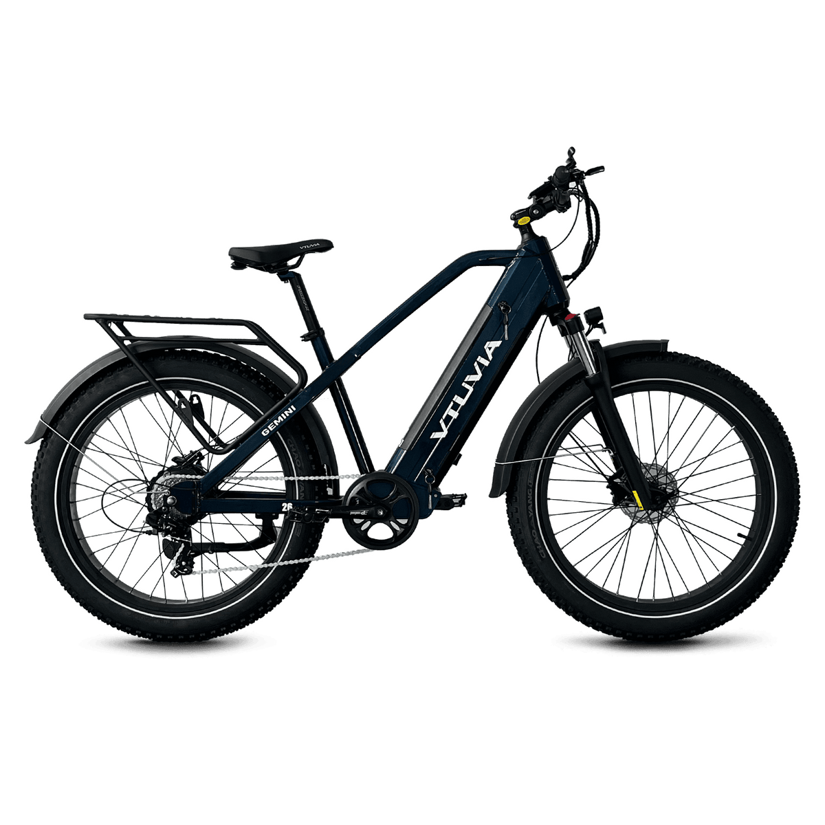 Dark blue VTUVIA Gemini, side view, battery housing in the downtube
