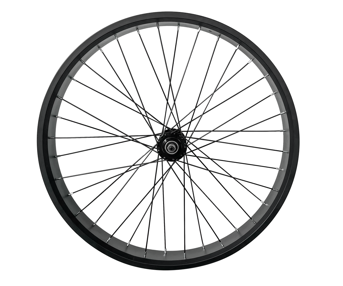 VTUVIA front wheel, rim and black spokes, no tire fitted, on a dark background