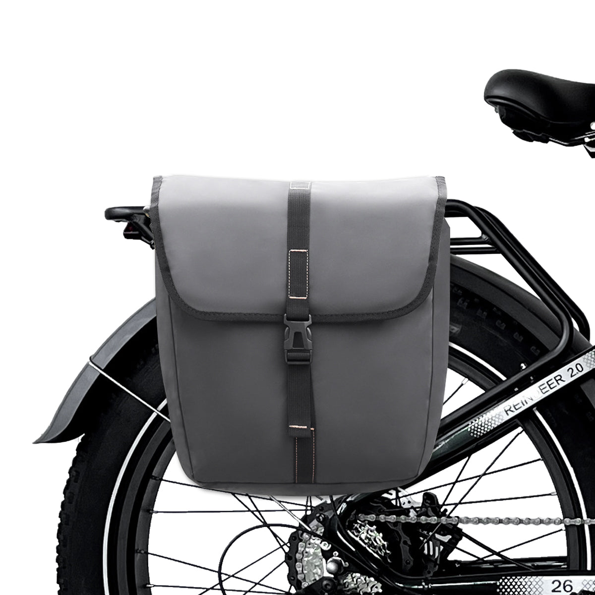 VTUVIA pannier bag, gray, hanging from a rear rack