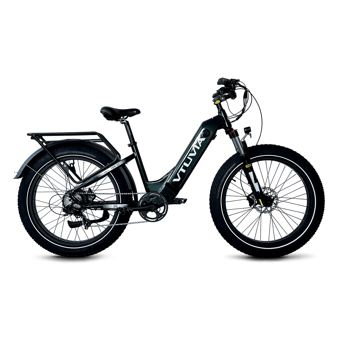Dark green VTUVIA Reindeer 2.0 step-through fat-tire bike, side view