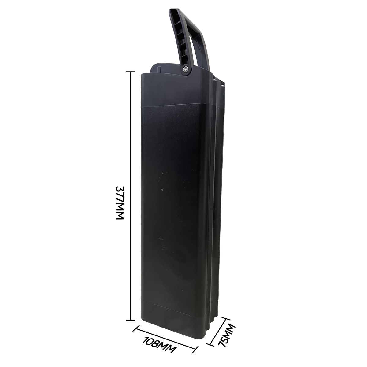 VTUVIA SF20 battery with its size drawn: 377 by 108 by 75 mm