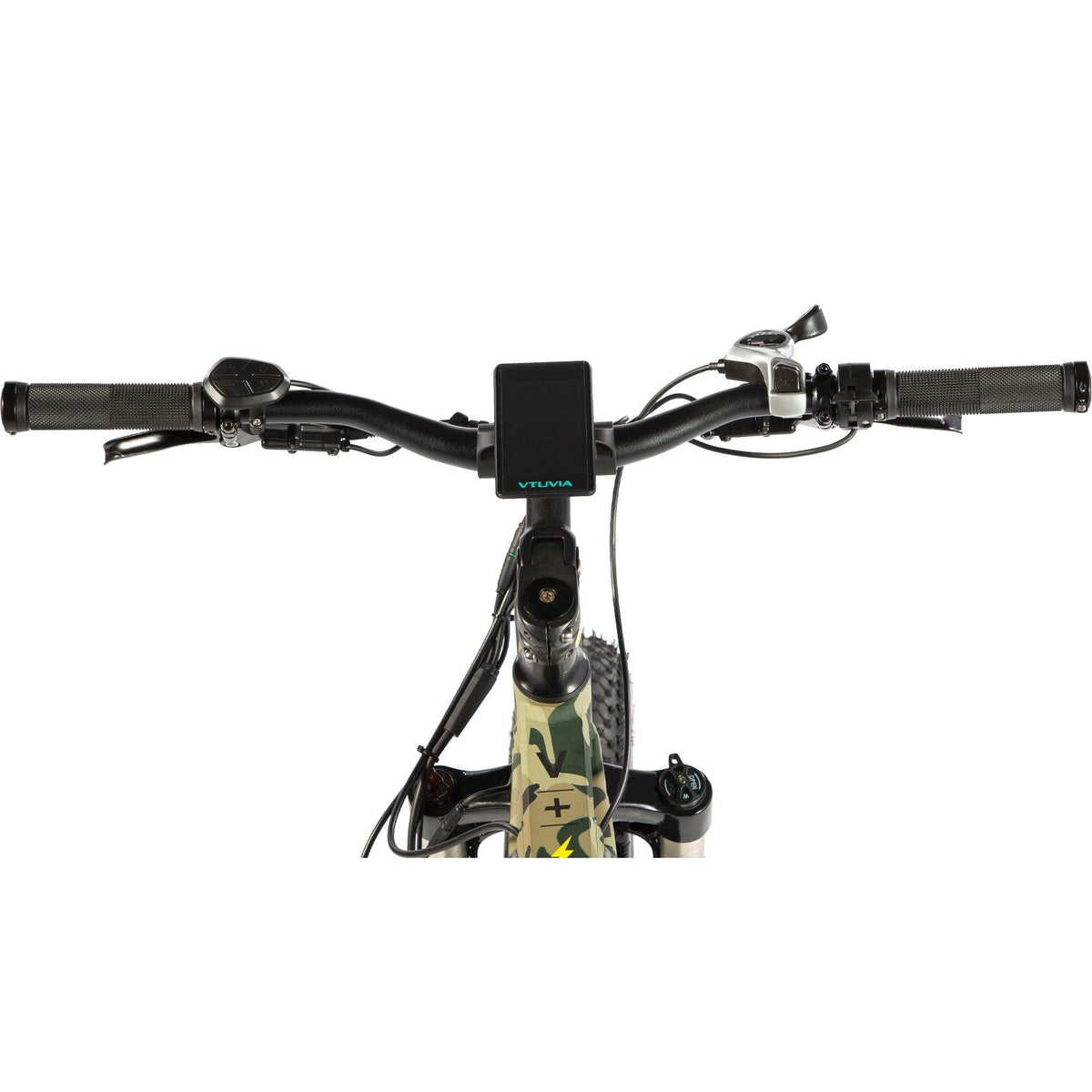 The SN100 display fitted centrally on a camouflage bike's bars