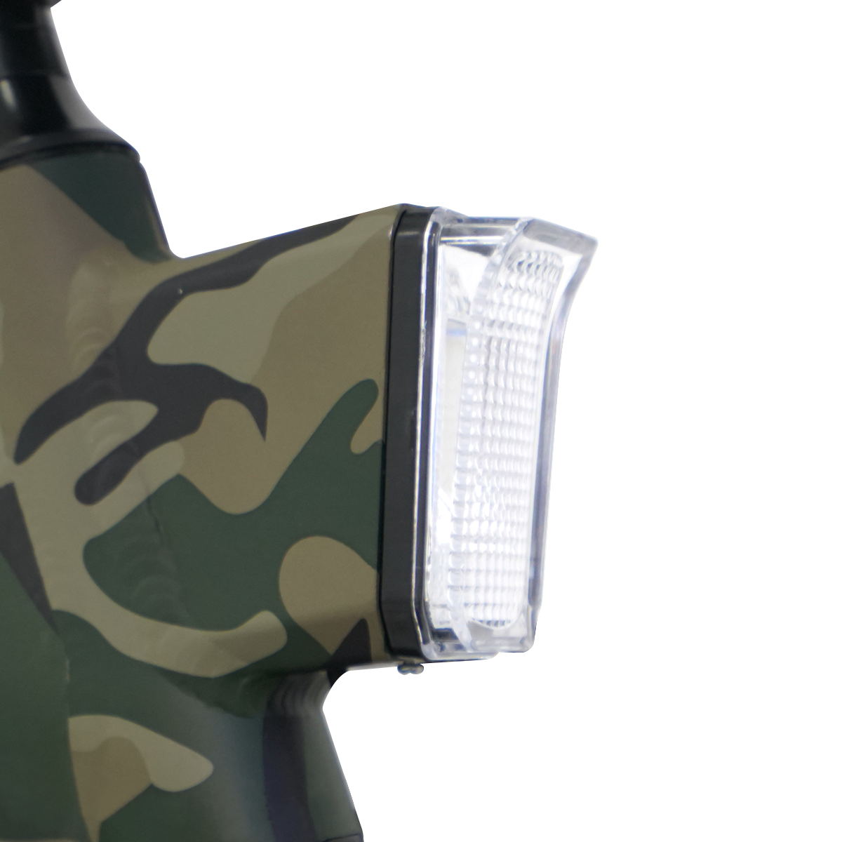 The headlight housing on a camouflage frame