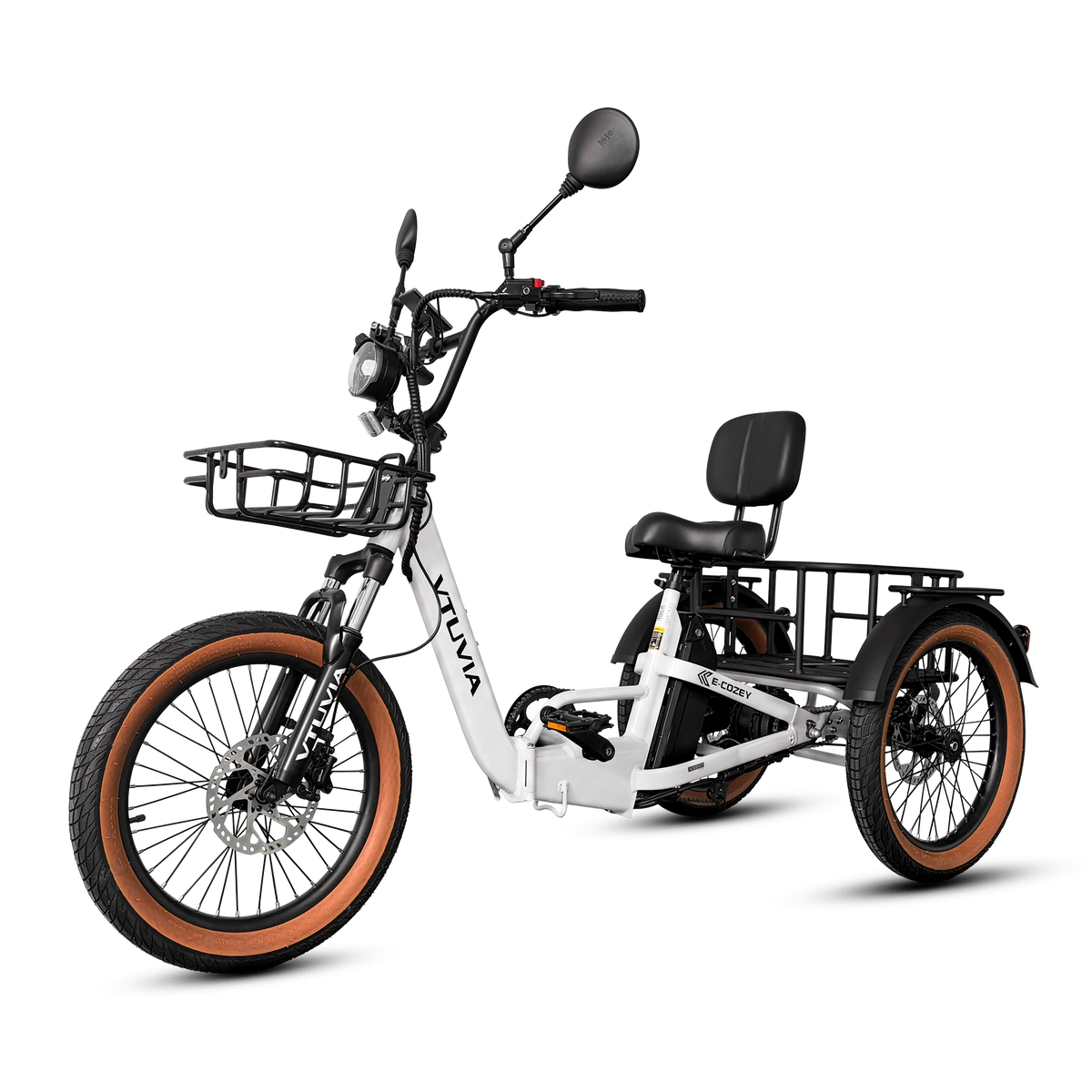 White E-Cozy trike from the front with a front basket