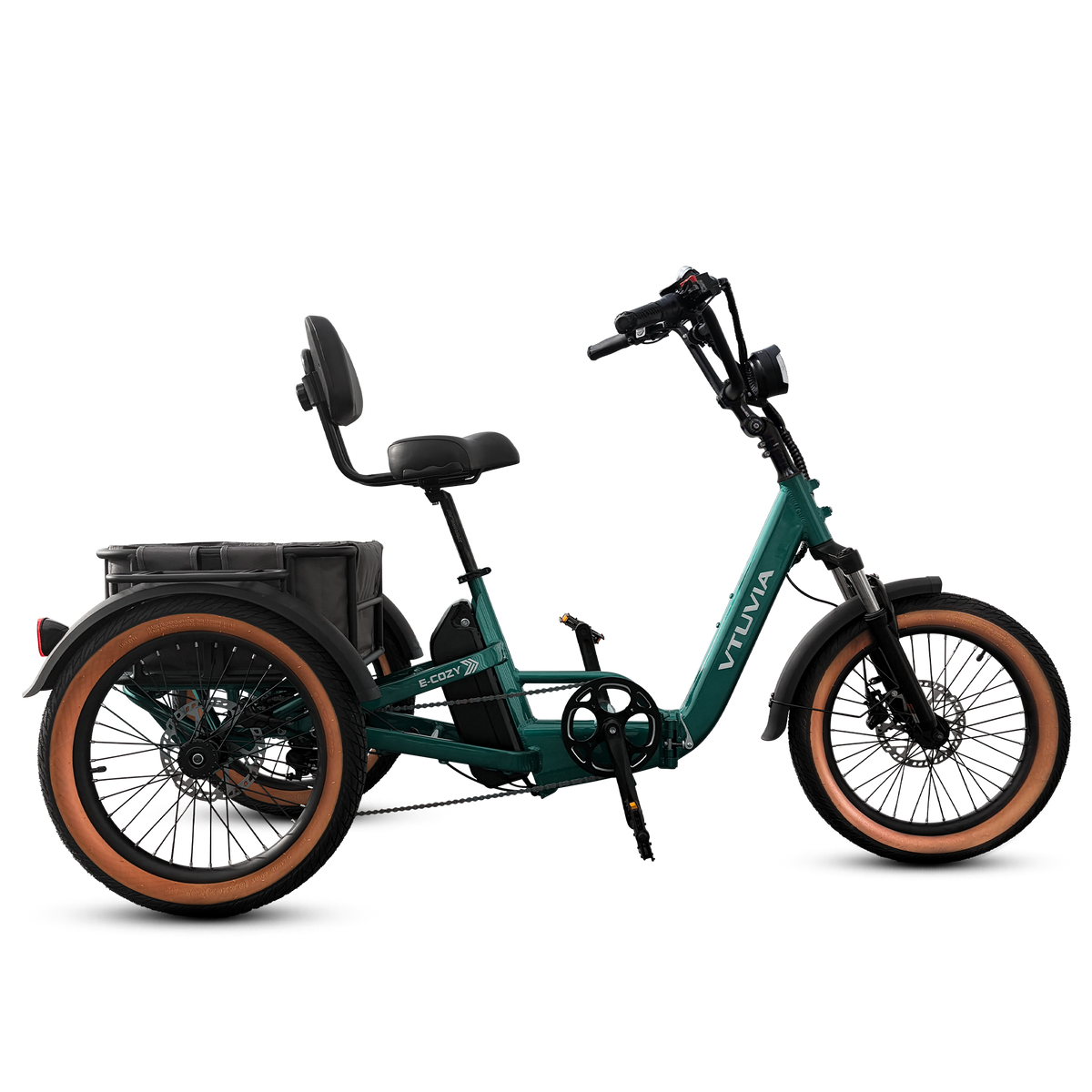 Green E-Cozy trike, side view