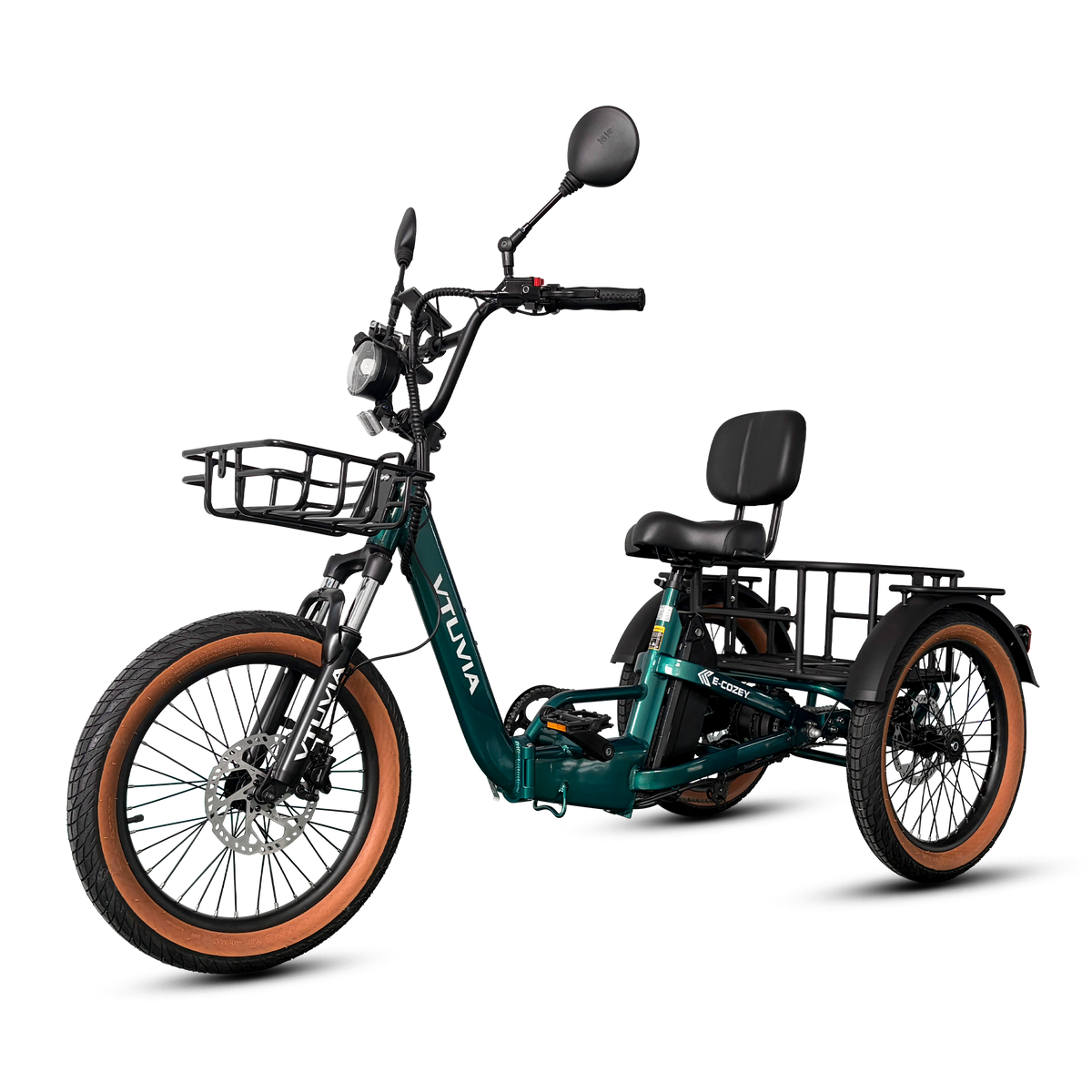 Green E-Cozy trike from the front, mirrors, headlight and front basket in view