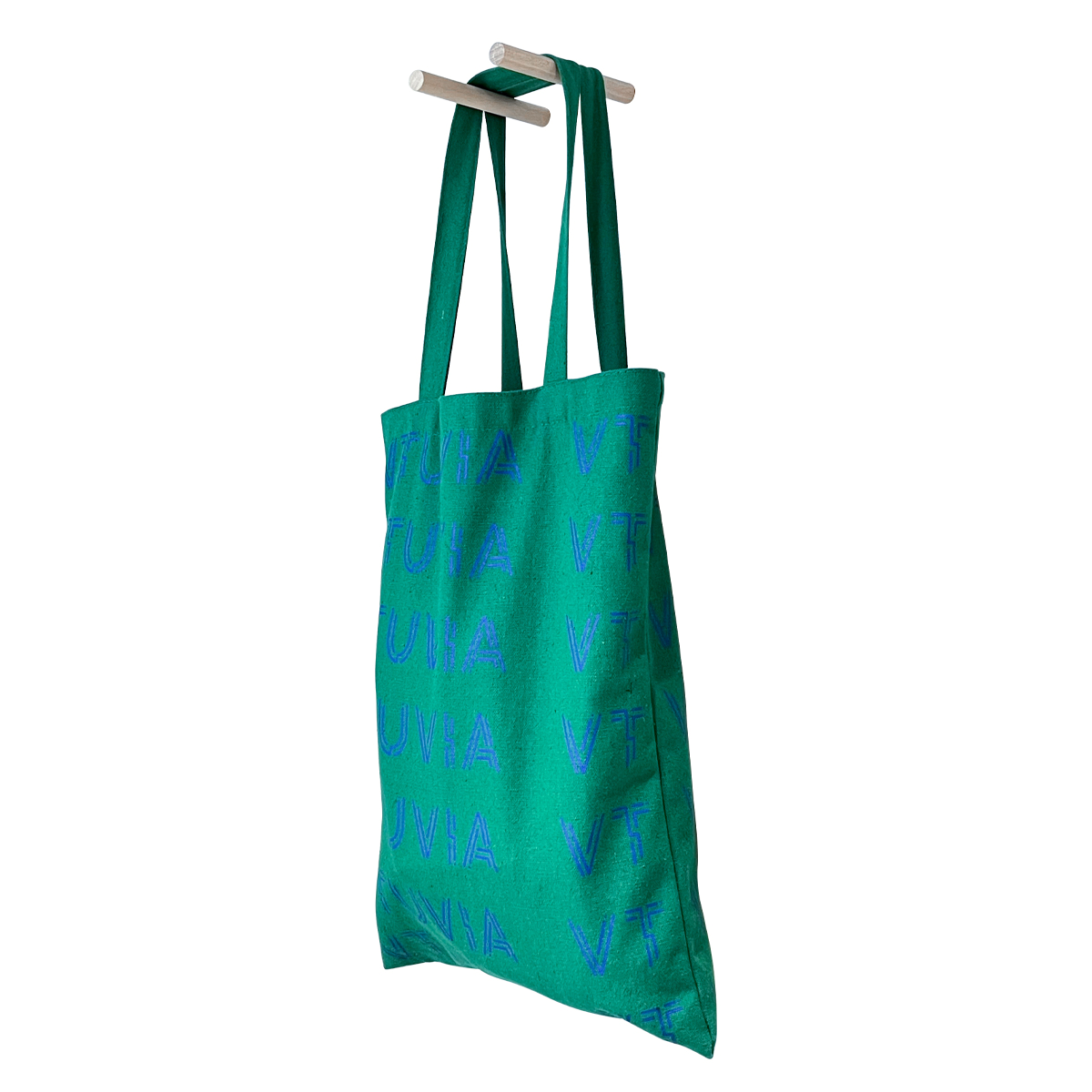 VTUVIA green canvas tote with the logo repeated in blue