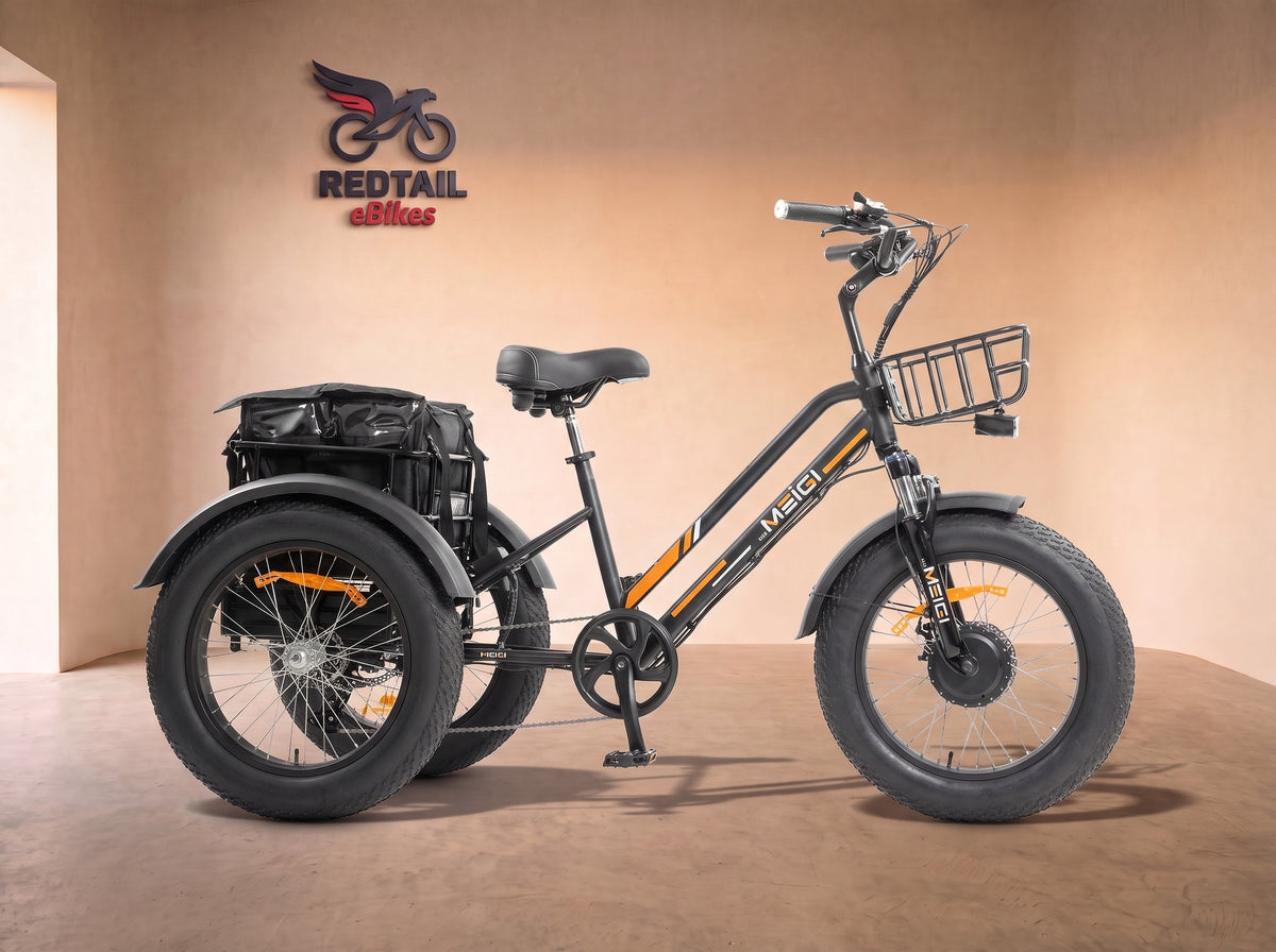 DWMEIGI MG1703 Zeus 750W Fat Tire Electric Trike, side profile in the Redtail eBikes studio