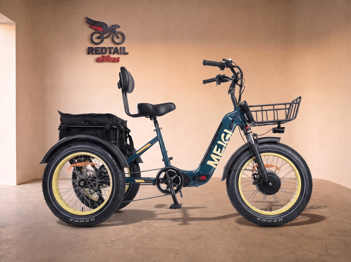 DWMEIGI MG2301 Silverado HD 750W Fat Tire Electric Tricycle, side profile in the Redtail eBikes studio