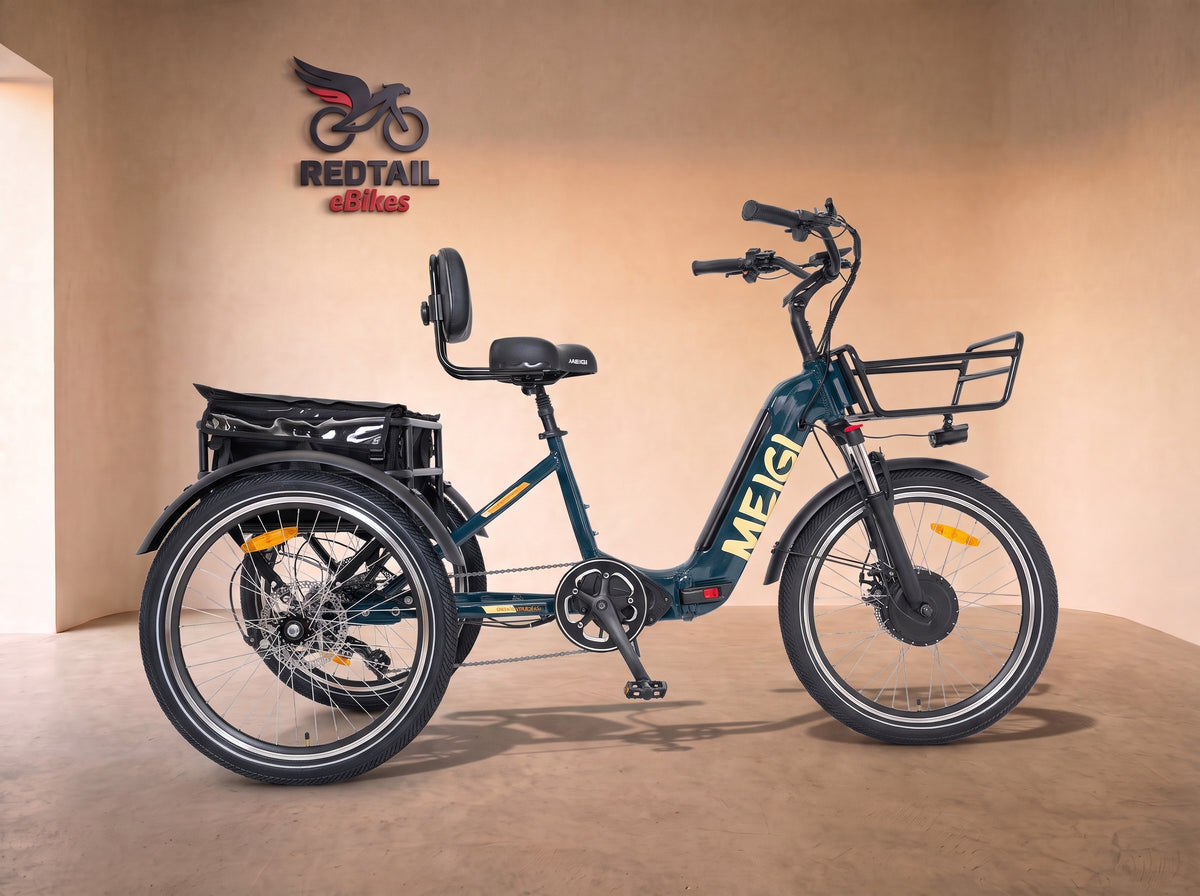 DWMEIGI MG2302 Silverado Urban 750W Folding Electric Tricycle, side profile in the Redtail eBikes studio