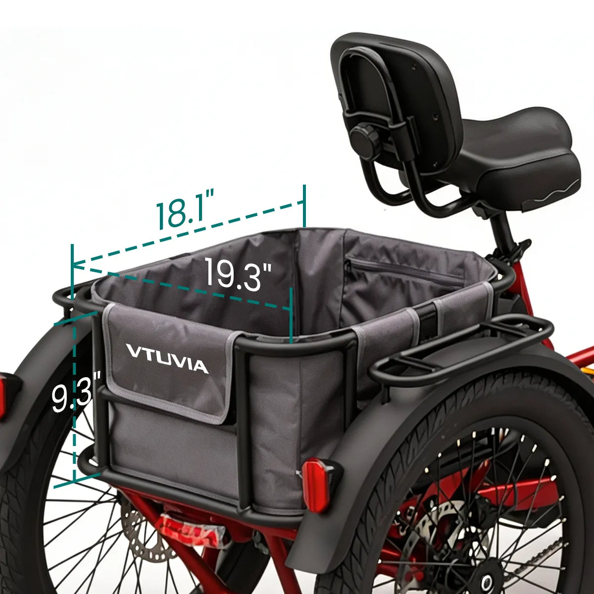 The VTUVIA rear basket bag in the E-Cozy's basket, with its size drawn: 19.3 by 18.1 by 9.3 in