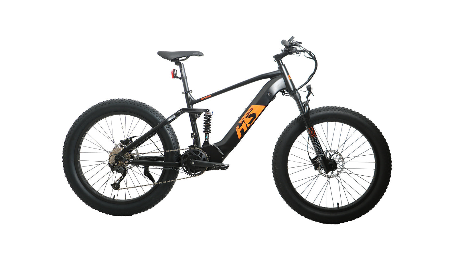 Eunorau FAT-HS Full-Suspension Mid-Drive Fat eBike (Hunter X8) – Black – front three-quarter right view
