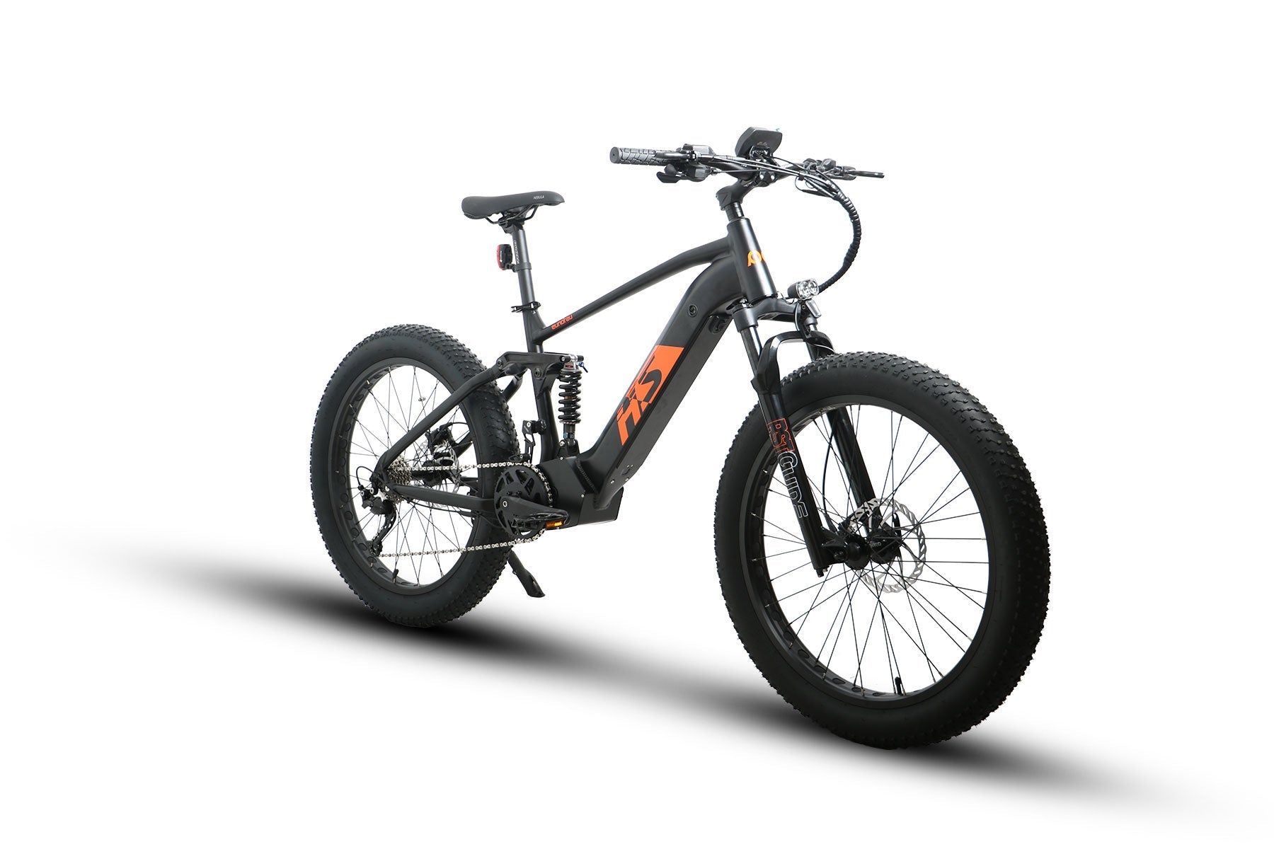 Eunorau FAT-HS Full-Suspension Mid-Drive Fat eBike (Hunter X8) – Black – rear three-quarter view