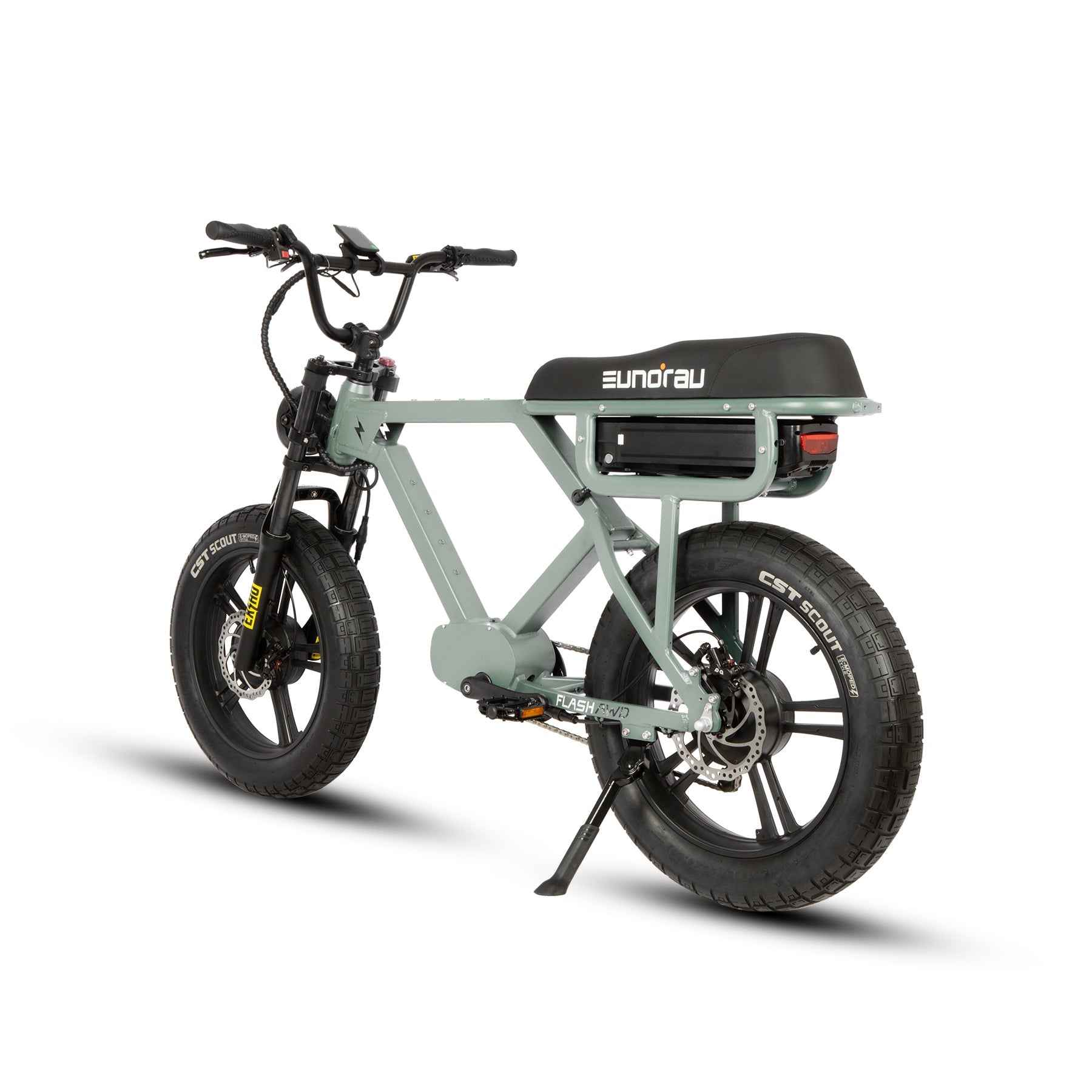 Eunorau FLASH AWD 1.0 Dual-Motor Moto eBike – Lunar Dust – rear three-quarter view