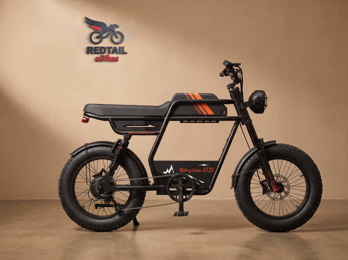Riding'times GT33 all-terrain cafe racer cargo electric bike, side profile in the Redtail eBikes studio