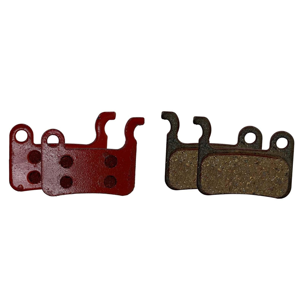 Two pairs of pads, red hydraulic and dark mechanical, side by side