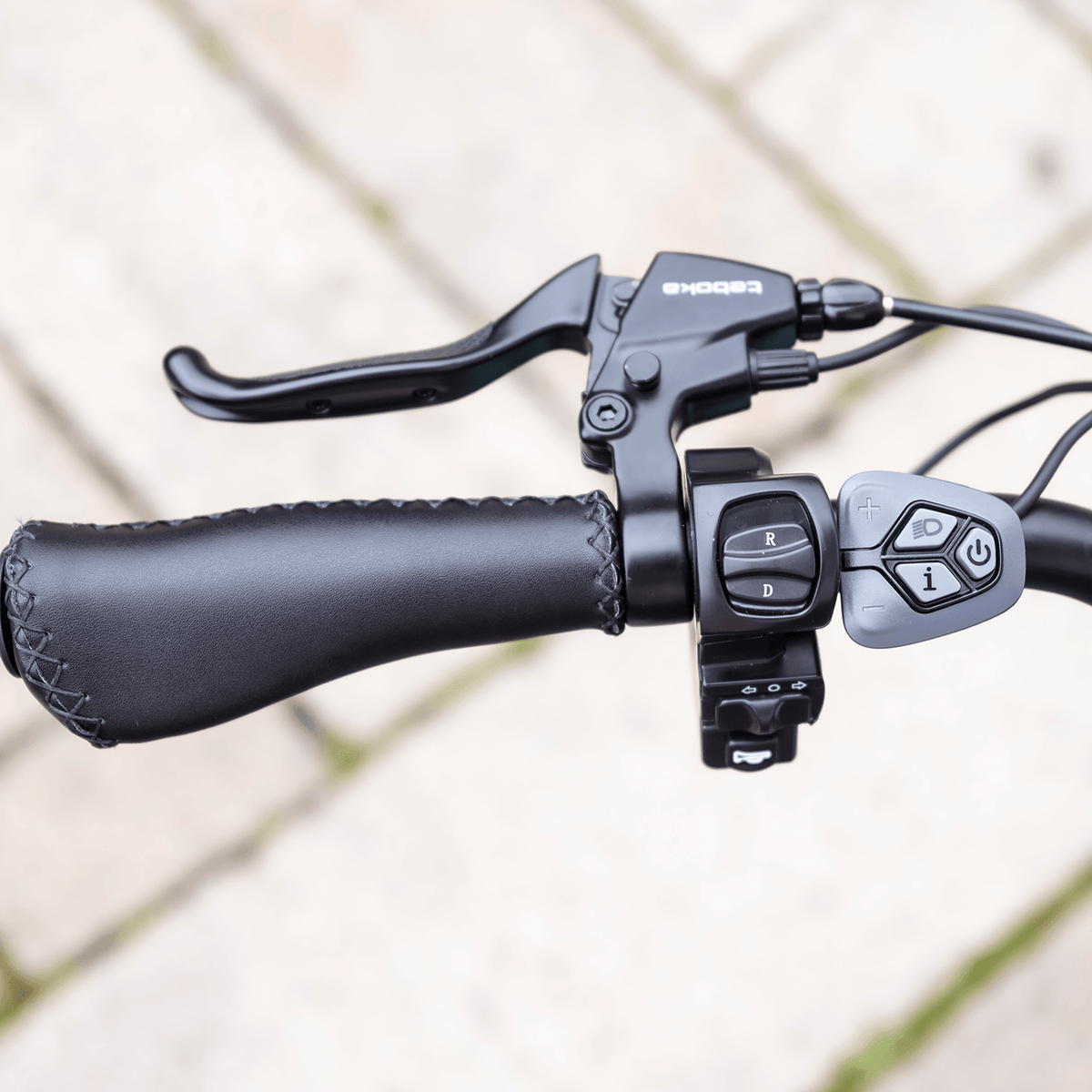 Close-up of the Silverado Urban's handlebar controls, with the D and R buttons beside the brake lever