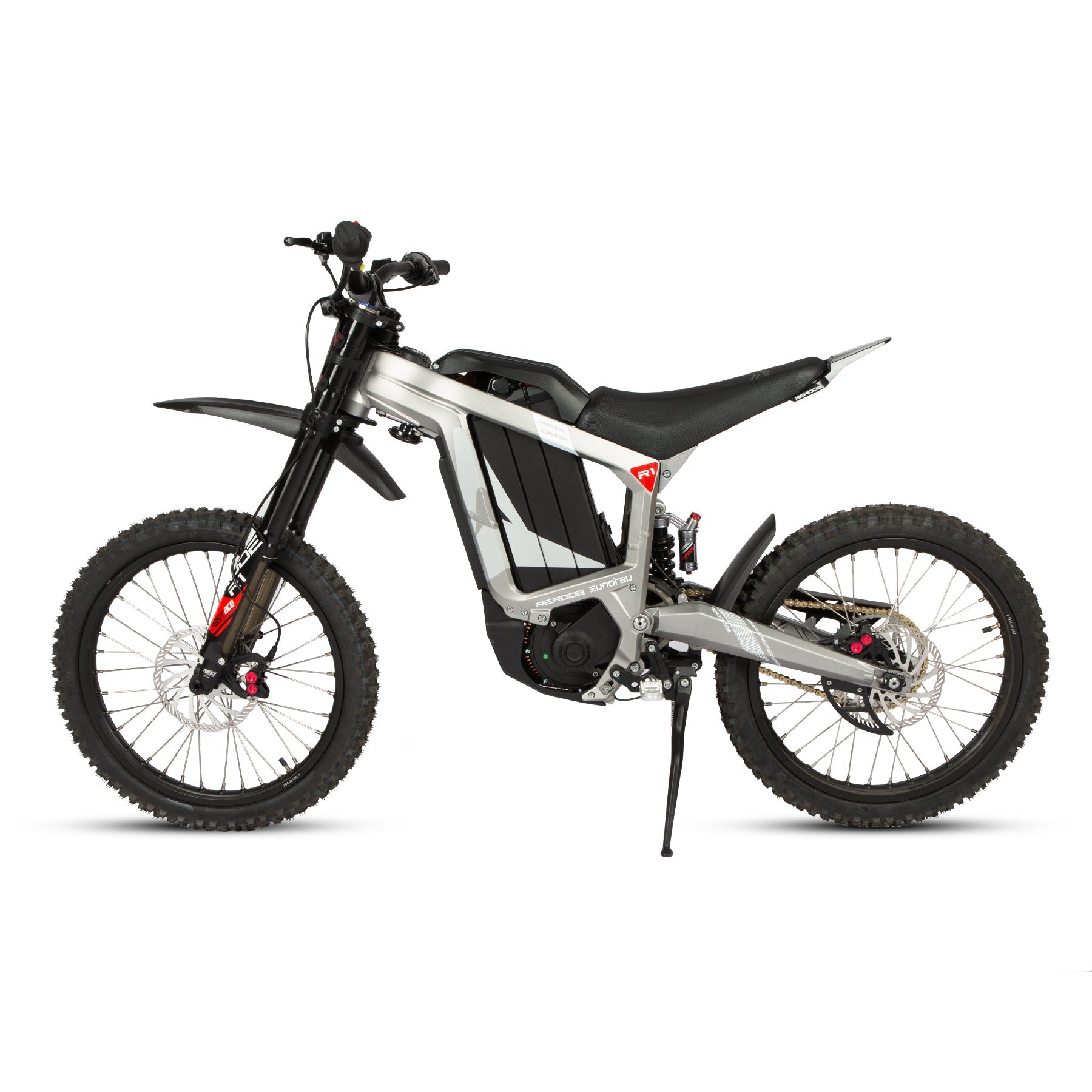 Eunorau R1 Electric Dirt Bike – Silver – front three-quarter left view