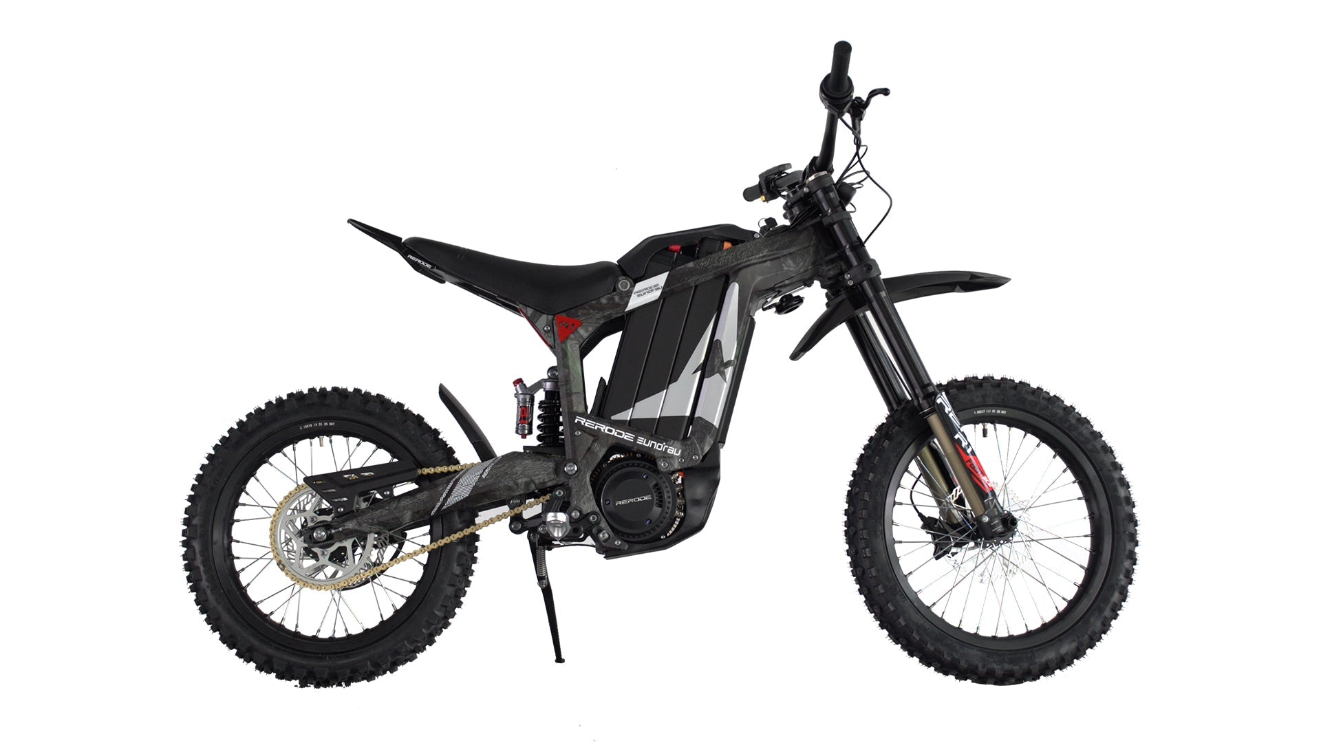Eunorau R1 Compact Electric Dirt Bike – Camo – front three-quarter right view