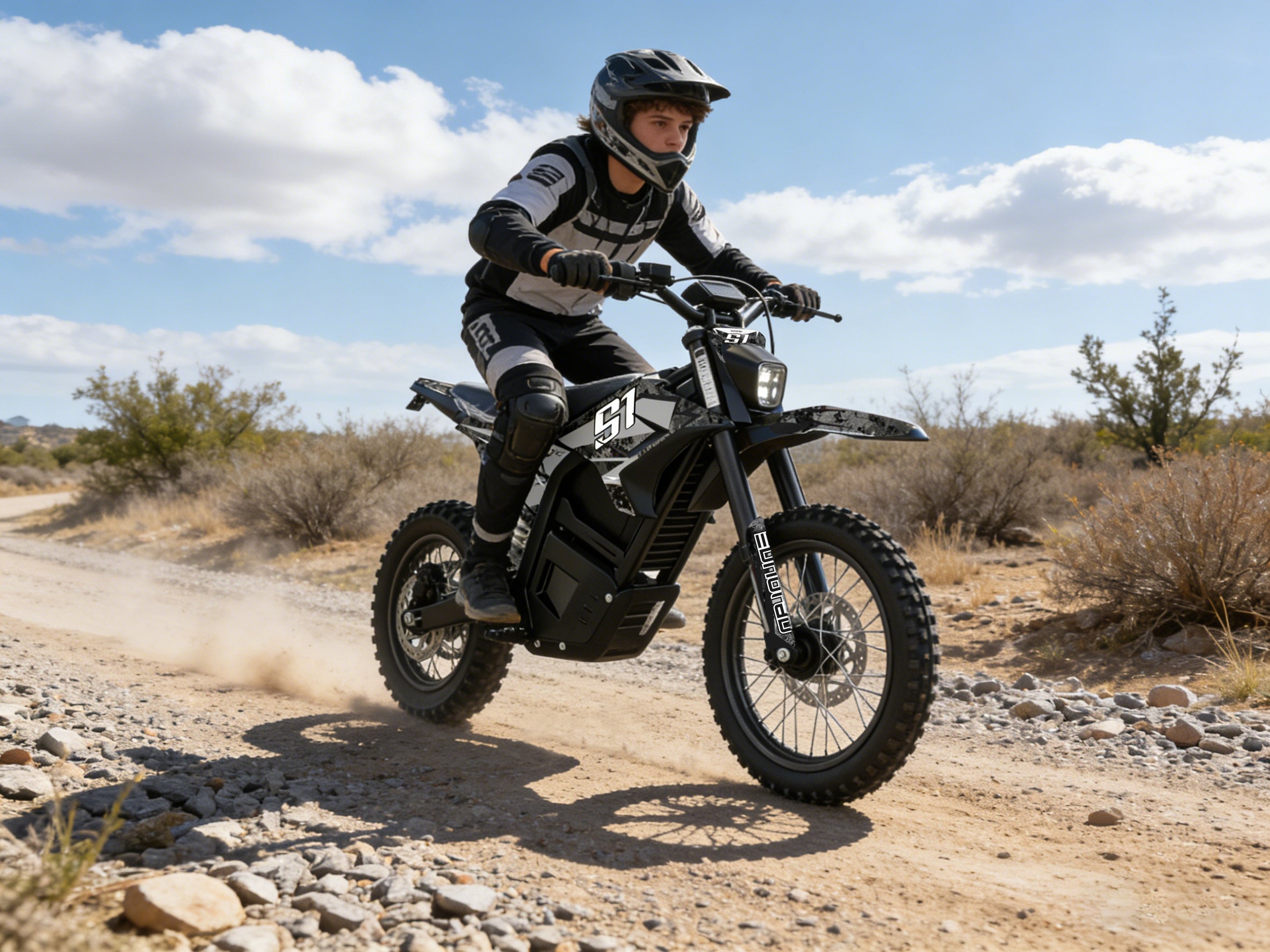 Eunorau S1 Electric Dirt Bike (Kids/Teen) – Orange – front three-quarter left view