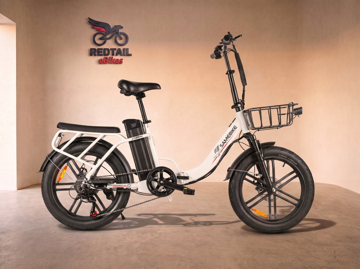 Samebike CY20 Pro Folding Commuter Electric Bike, Solid Wheel, side profile in the Redtail eBikes studio