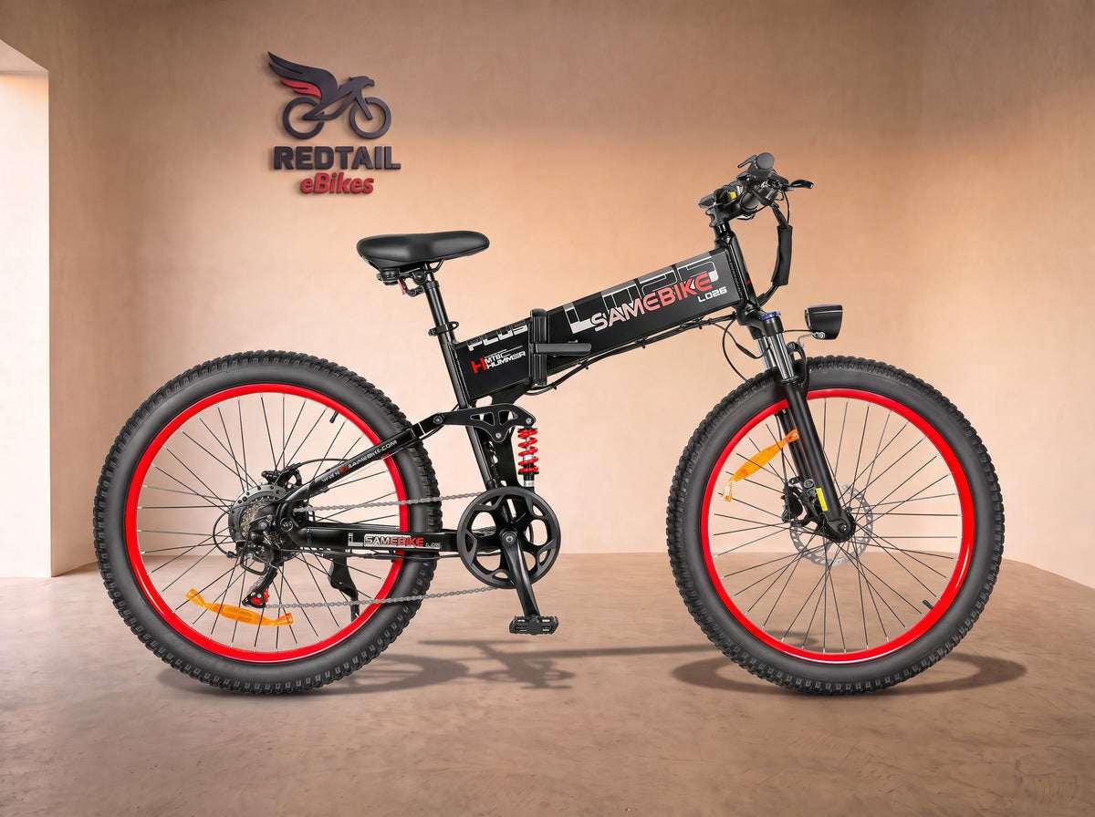 Samebike LO26 Plus Folding Fat Tire Electric Bike, side profile in the Redtail eBikes studio