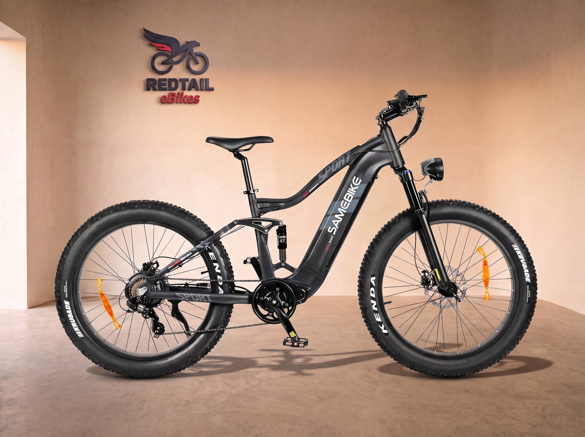Samebike RS-A08 II Fat Tire Mountain Electric Bike, side profile in the Redtail eBikes studio
