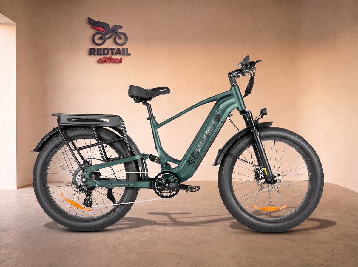 Samebike STORM Fat Tire Mountain Electric Bike, side profile in the Redtail eBikes studio