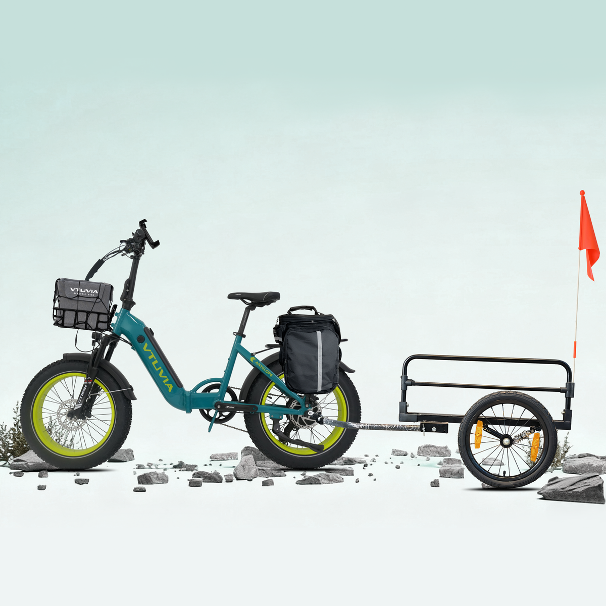 Teal SX20 with a front basket, pannier bag and cargo trailer