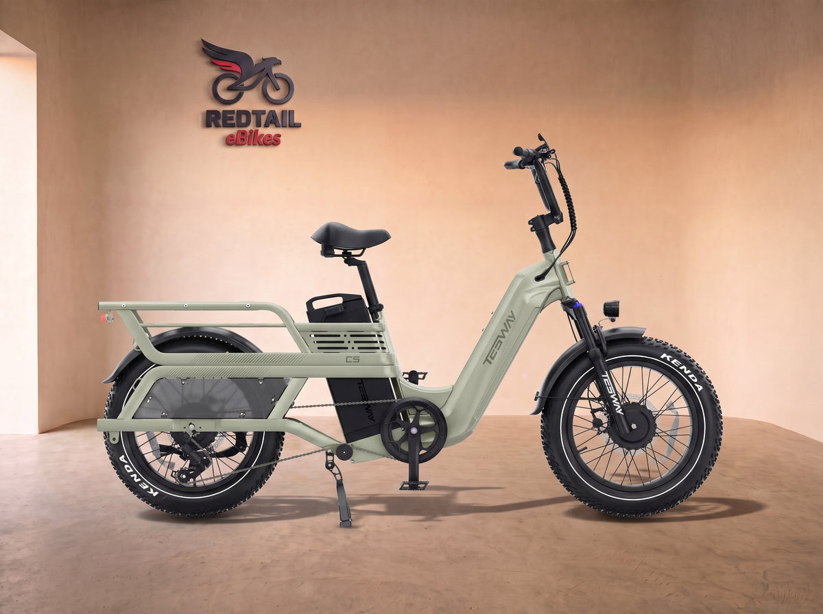 Tesway C5 AWD Longtail Cargo Electric Bike, Dual Motor, 450 lb Payload, side profile in the Redtail eBikes studio
