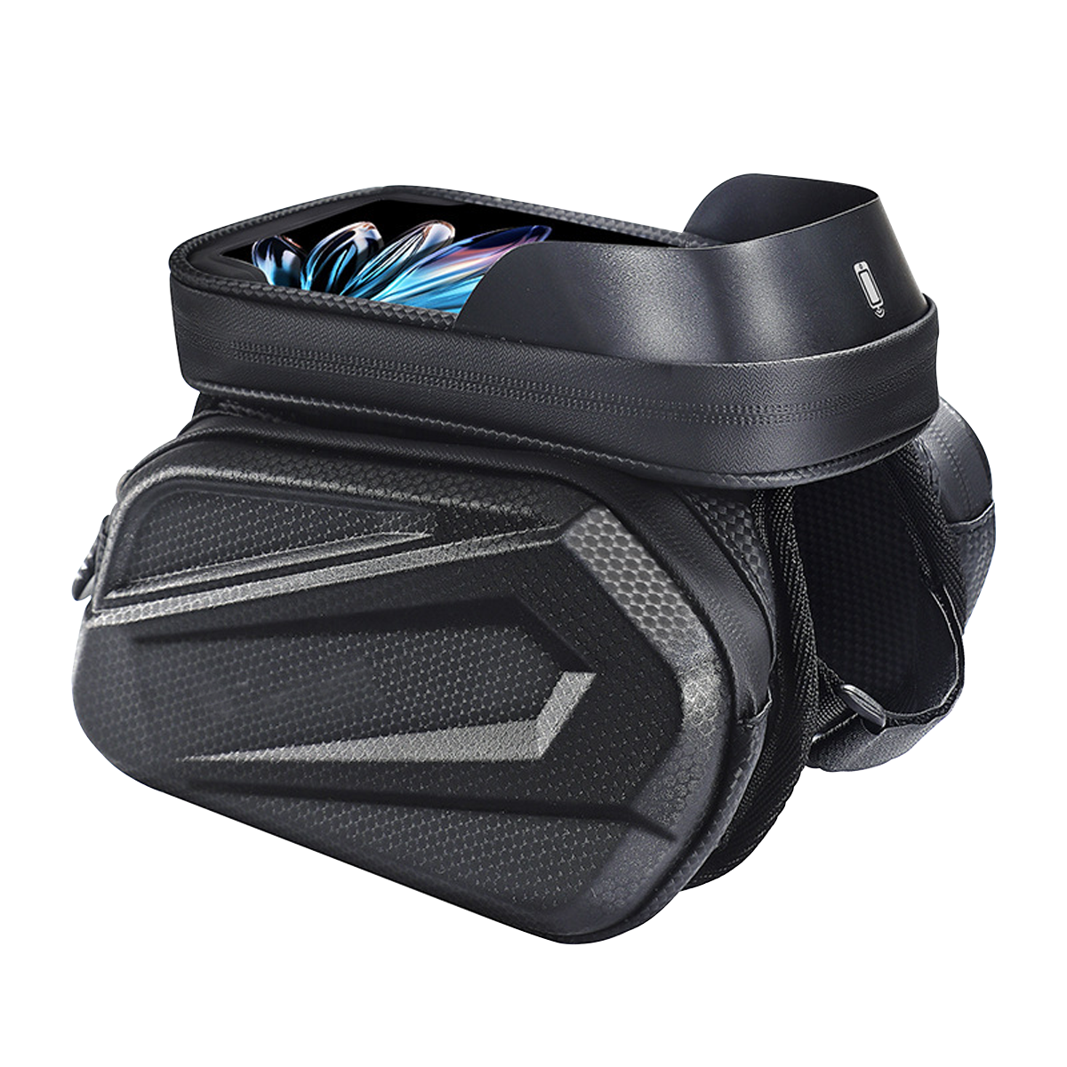 VTUVIA hard-shell top tube bag, open, with the touchscreen window