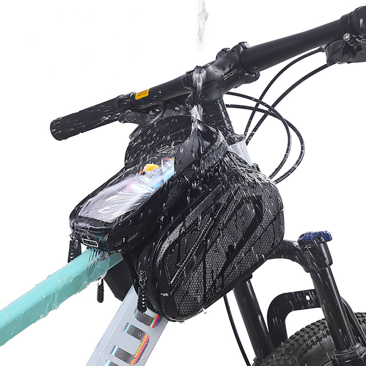 The top tube bag mounted behind the stem of a mint bike