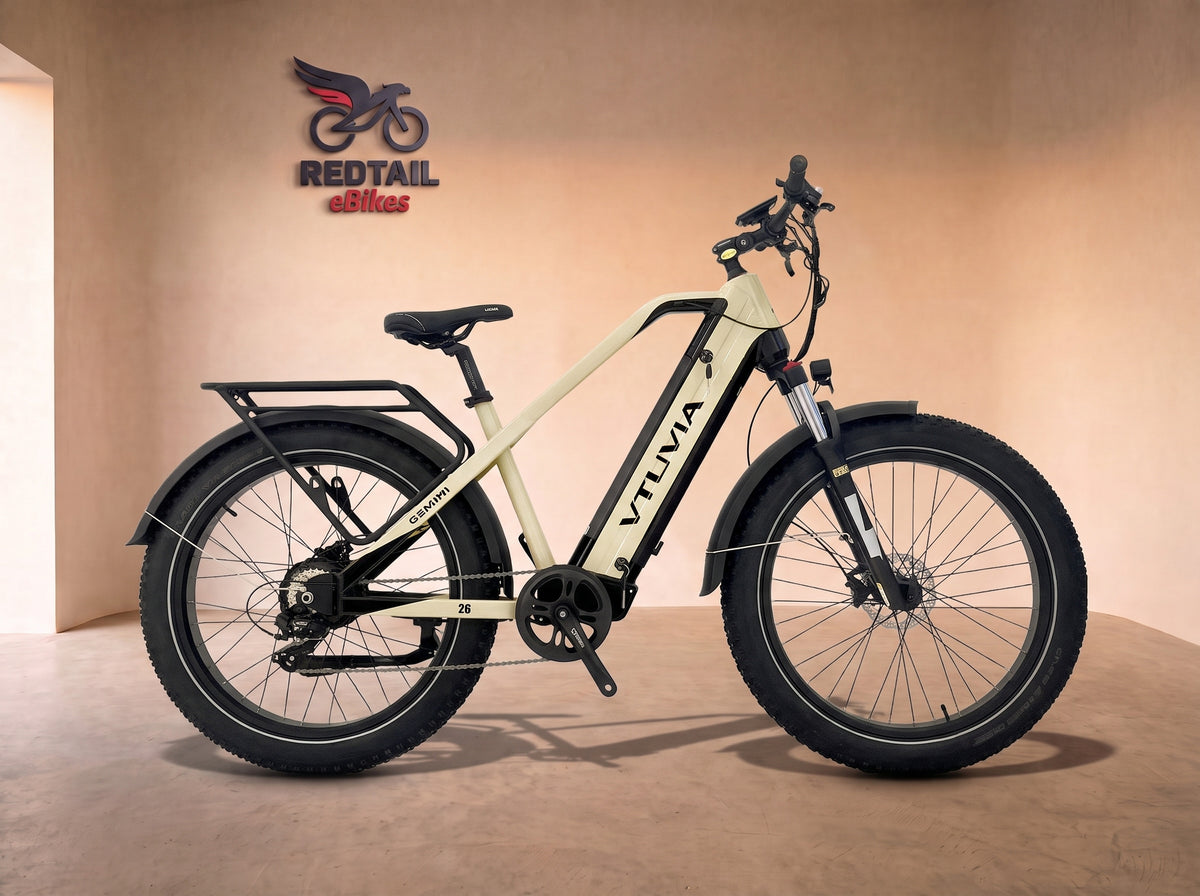 VTUVIA Gemini 1000W Long-Range All-Terrain Electric Bike, side profile in the Redtail eBikes studio