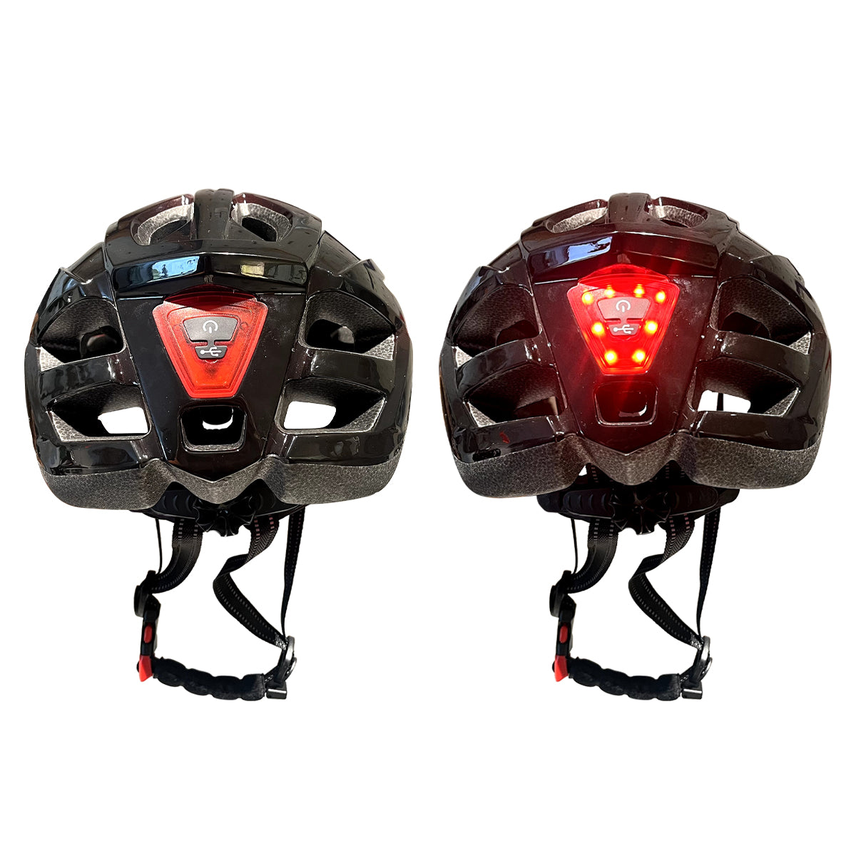 The helmet from behind with its LED tail light lit