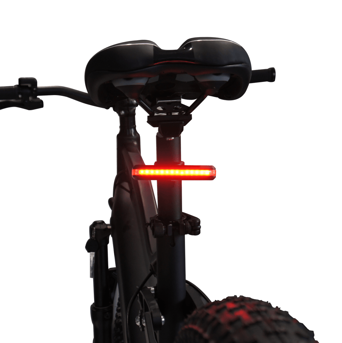 VTUVIA rear light under a saddle, lit red