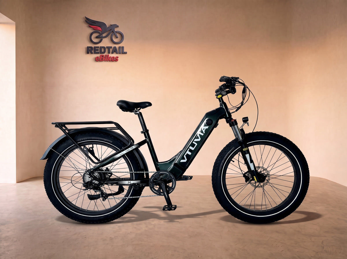 VTUVIA Reindeer 2.0 Step-Through Fat Tire Electric Bike, side profile in the Redtail eBikes studio