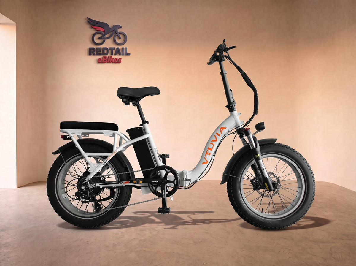 VTUVIA SF20H Utility Folding Fat Tire Electric Bike, side profile in the Redtail eBikes studio