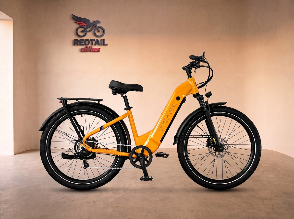 VTUVIA Zeal LT7 Step-Through Commuter Electric Bike, side profile in the Redtail eBikes studio