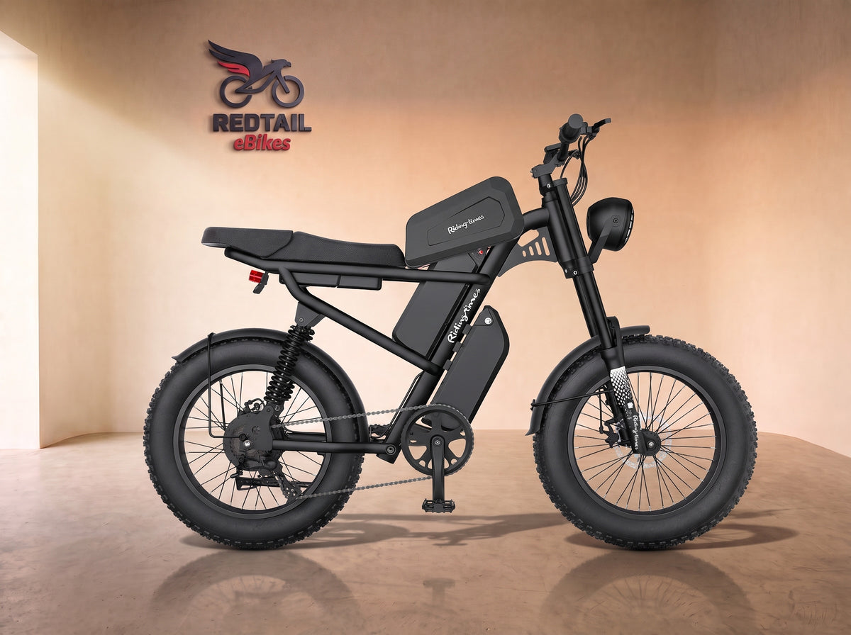 Riding'times Z8 Pro moped-style electric bike, side profile in the Redtail eBikes studio