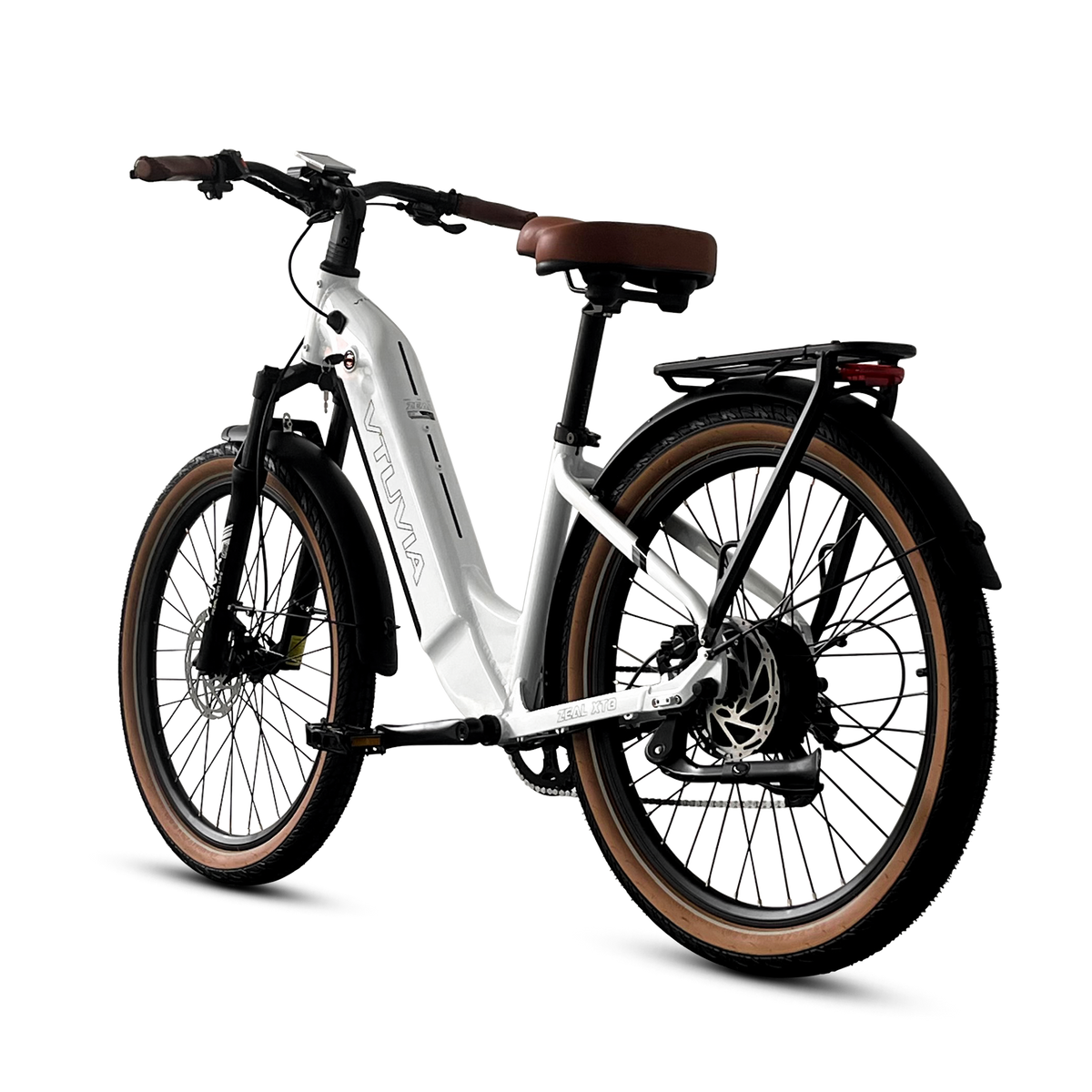 White Zeal XT8, front three-quarter view, air fork and brown grips in view