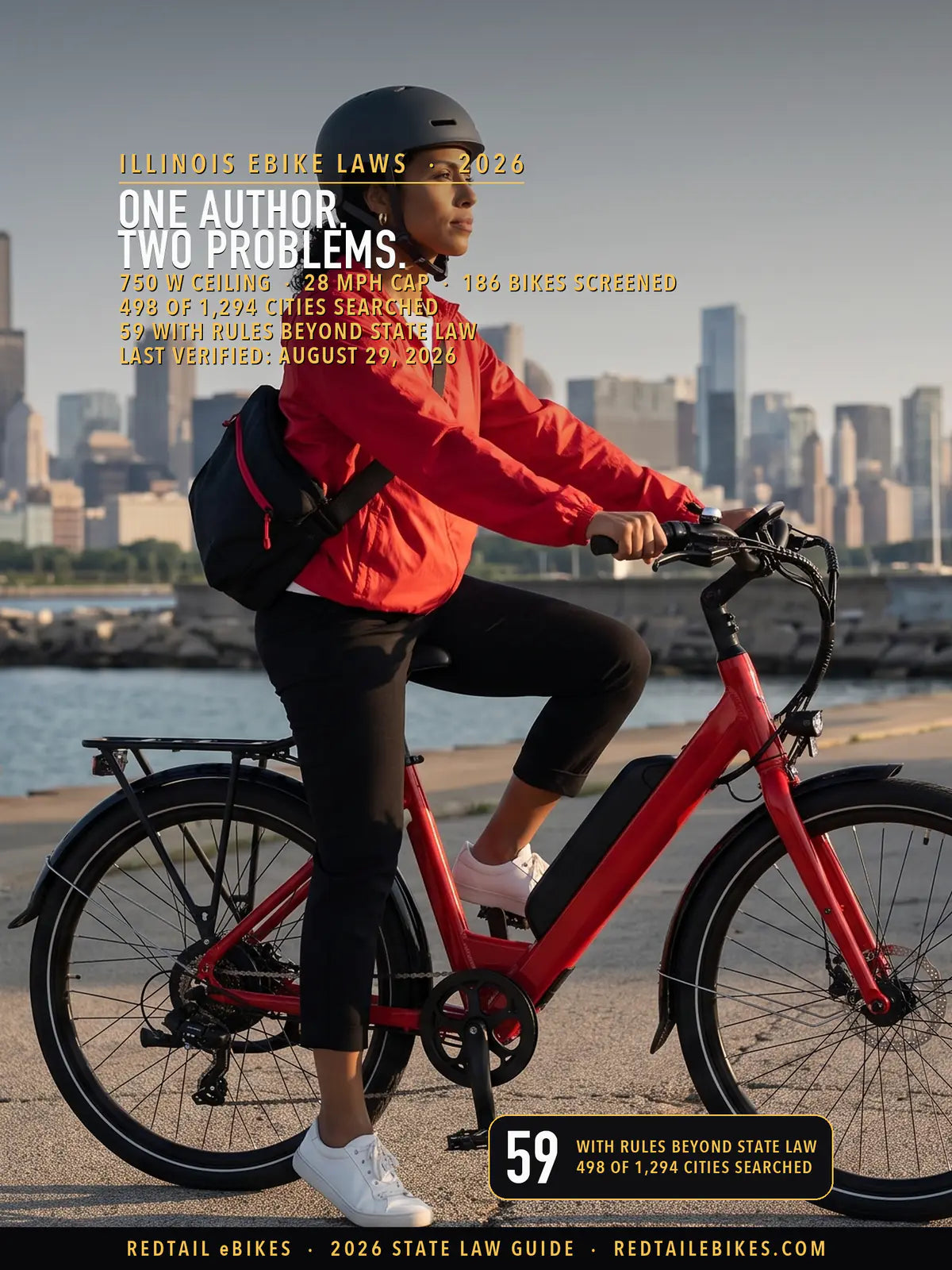 Rider in a helmet on a red step-through electric bike with a downtube battery on the Chicago Lakefront Trail at sunrise, Lake Michigan on one side and the Chicago skyline behind