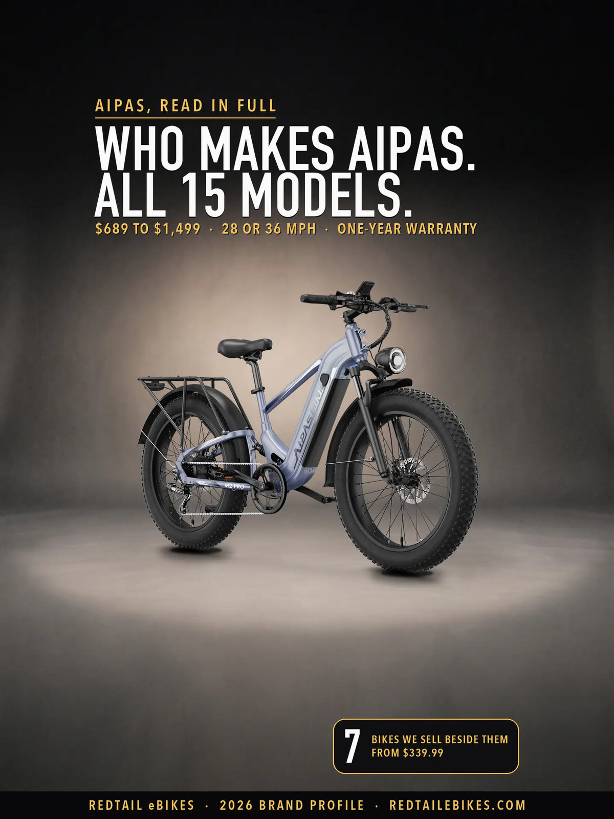 Aipas's own photograph of its M2 Pro Xterrain in Gray, in a studio scene built around it, under the headline Who makes Aipas. All 15 models., with $689 to $1,499 · 28 or 36 mph · one-year warranty and a badge: 7 bikes we sell beside them, from $339.99