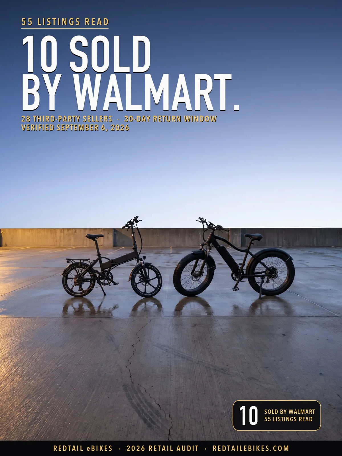A folding electric bike and a fat-tire electric bike parked on wet concrete at first light